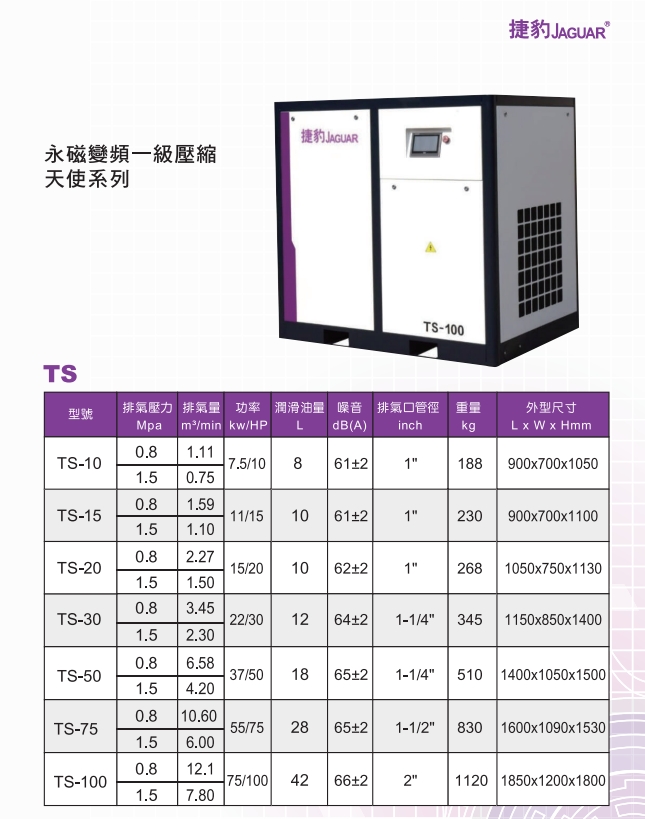 捷豹TS系列空壓機規格表